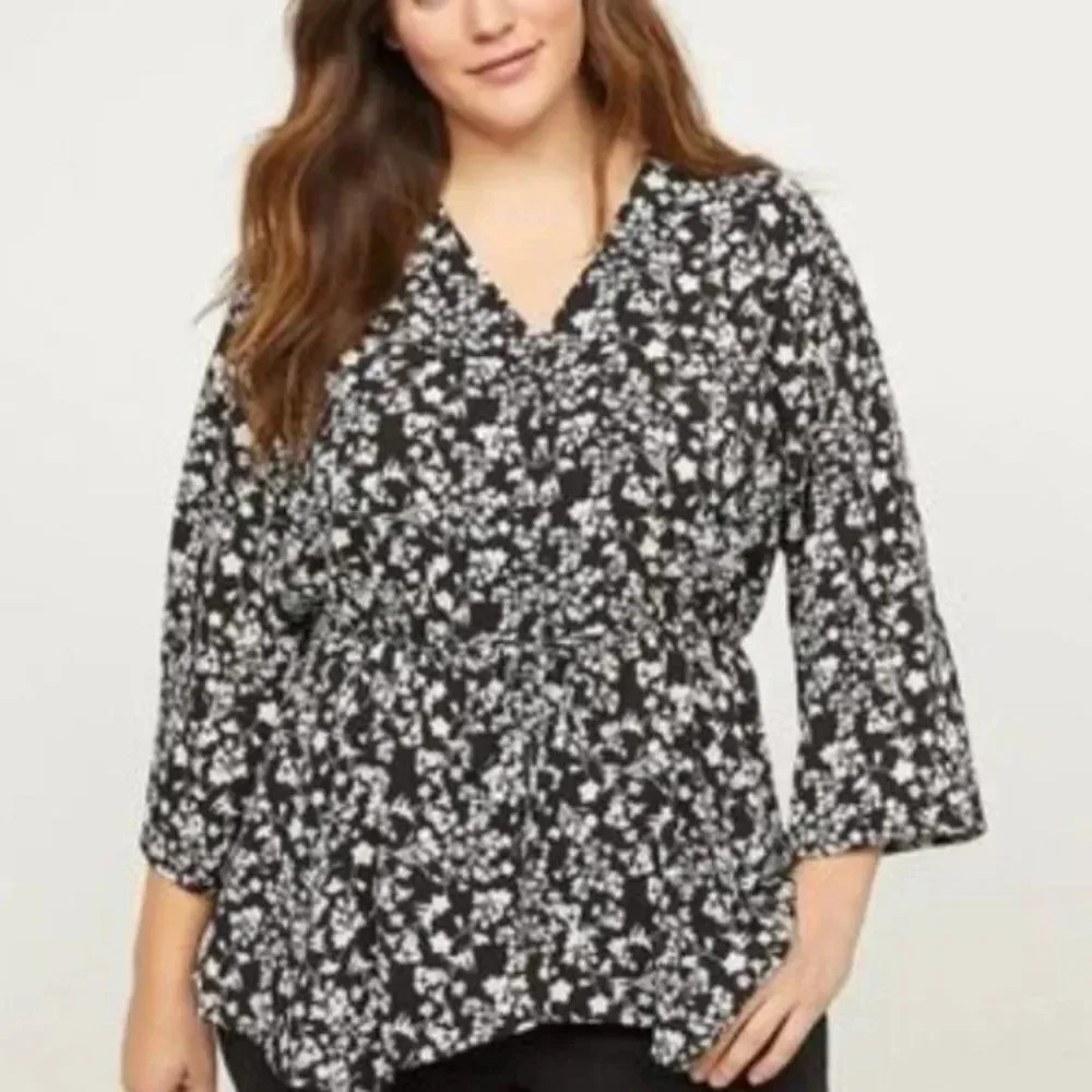 Lane Bryant Blouse Top 22/24 Ditsy‎ Floral Drawstring Waist 3/4 Sleeve Buttons